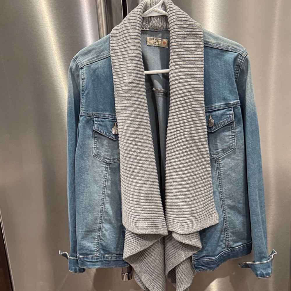 Ruff Hewn Blue Denim Jacket with Gray Knit Lapel